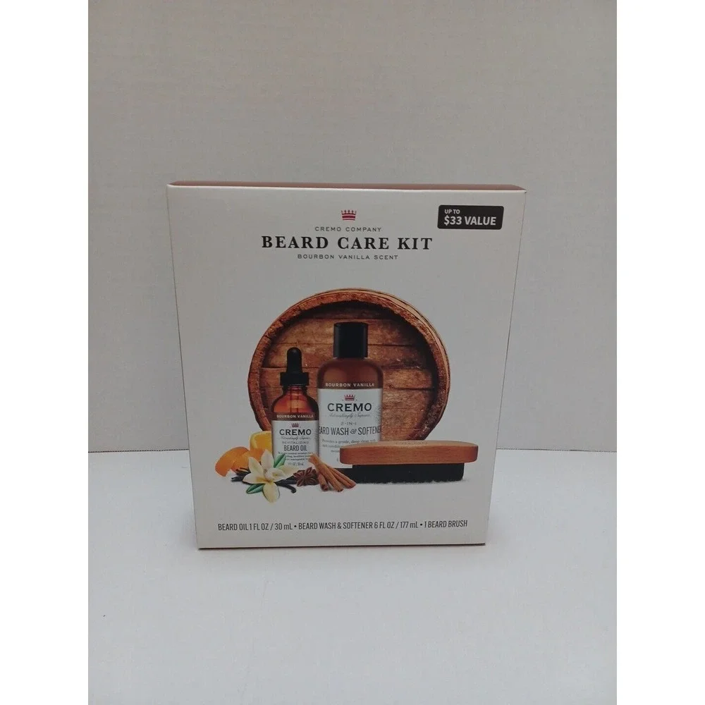 Cremo 3-pc Men's Beard Grooming‎ Kit, Wash/Softener, Oil, Brush, Bourbon Vanilla